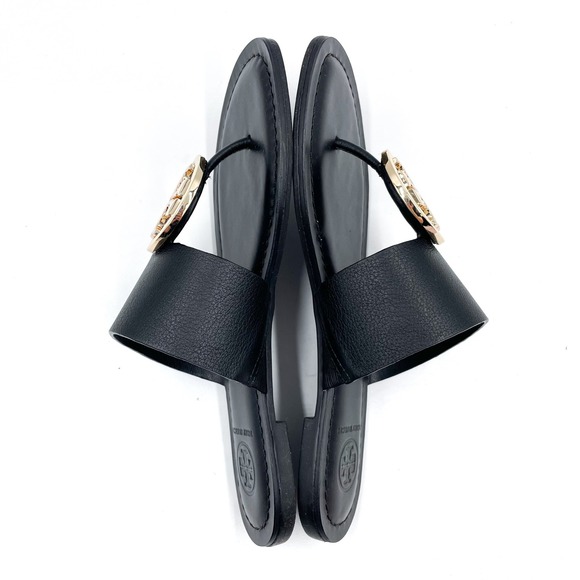 Tory Burch Benton Band Flat‎ Sandals Black Leather Thong Silver Logo Size 6 - Picture 4 of 9